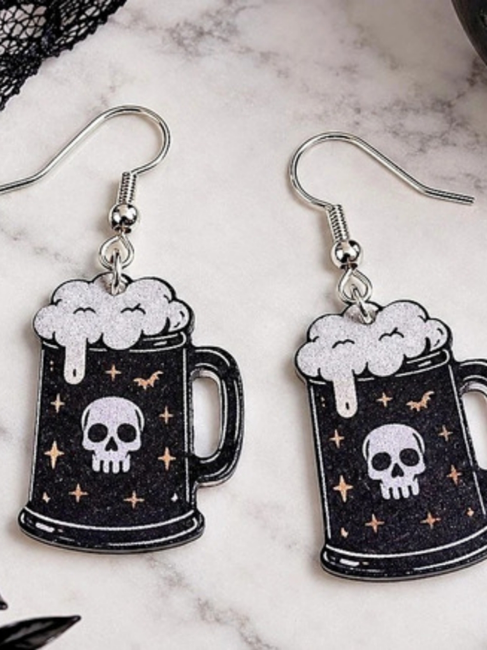 Black & Silver Skull Beer Mug Drop Earrings